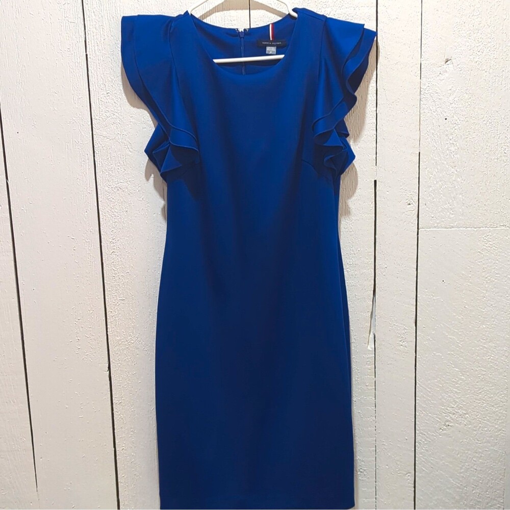 Tommy Hilfiger Women’s Blue Solid Sheath Knee Dress Round Neck Zip Size 8